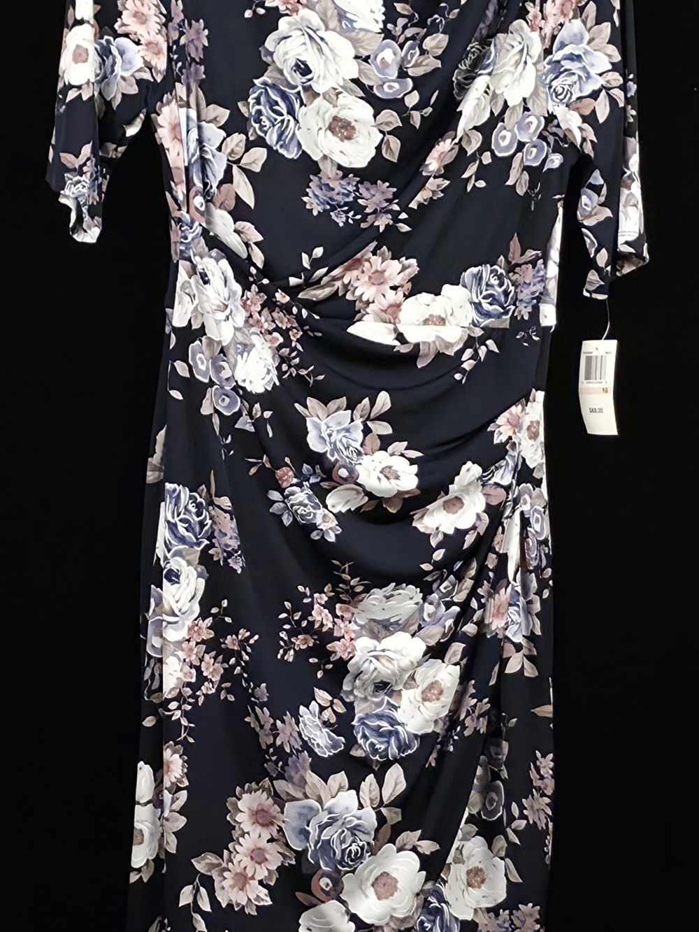 #131 Connected Apparel NWT Size 10 Navy Floral Ruched Faux Wrap Dress